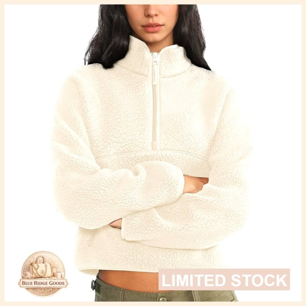 Cropped Half Zip Sherpa Pullover Cozy Fleece Sweatshirt with Pockets